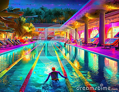 Firefly A computergenerated scene depicting a vibrant high school swimming meet at night. Concept Stock Photo