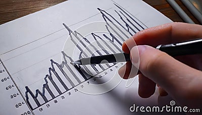 Firefly draws an upward trending graph on paper with sharp declines and key points marked clearly Stock Photo