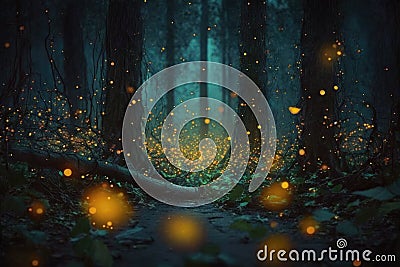 Firefly Forrest, Night Mystical Woods, Enchanted Vibes Stock Photo