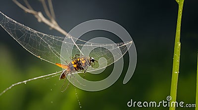 A firefly perched on a dew-covered spider web. Stock Photo