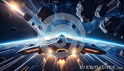 Firefly spacecraft navigating through a dense asteroid field in deep space, showcasing advanced propulsion technology Stock Photo