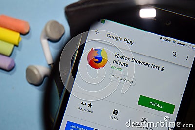 Firefox Browser fast & private dev app with magnifying on Smartphone screen Editorial Stock Photo