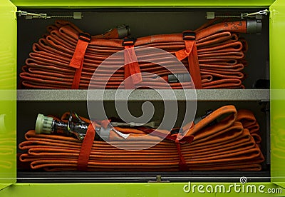 Firehose in a firetruck Stock Photo