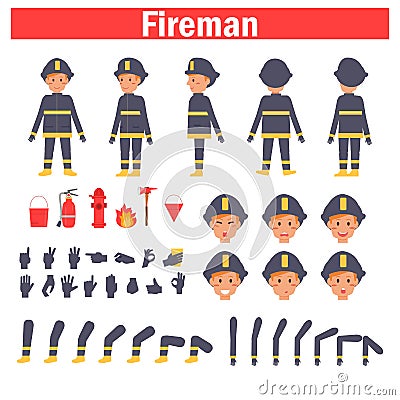 Fireman for animation. Poses front, rear, side, three quarter. Creation set. Collection of emotions. Vector. Cartoon Vector Illustration