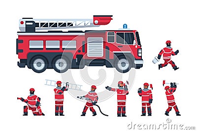 Fireman. Cartoon fire engine and firefighters. Professional rescuers extinguish flame using hose and ladder. Male Vector Illustration