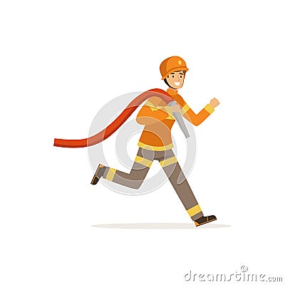 Fireman character running with water hose, firefighter at work vector illustration Vector Illustration
