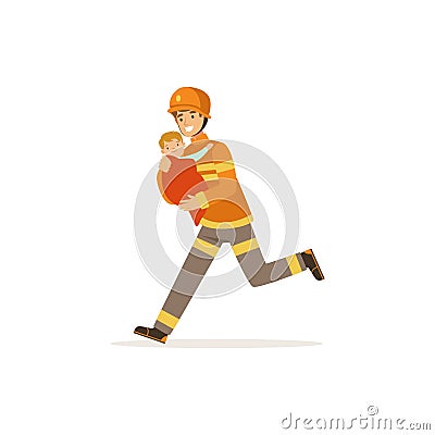 Fireman character in uniform and protective helmet rescuing a child, firefighter at work vector illustration Vector Illustration