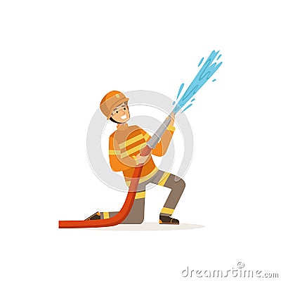 Fireman character in uniform and protective helmet spraying water using hose, firefighter at work vector illustration Vector Illustration