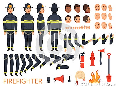 Fireman characters. Firefighter body parts and special uniform with professional tools combat fire extinguisher shovel Vector Illustration