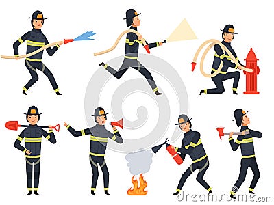 Fireman characters. Rescue firefighter saving helping people water and fire vector mascots in action poses Vector Illustration