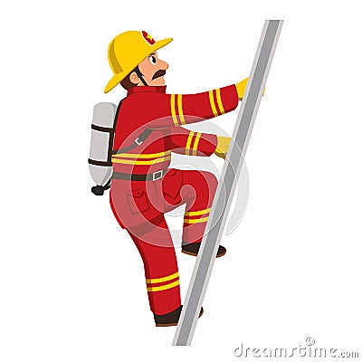 The fireman climbing the stairs. Vector Illustration