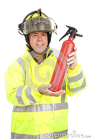 Fireman Demonstrates Fire Extinguisher Stock Photo