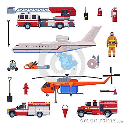 Fireman Equipment Collection, Firefighting Tools and Emergency Service Rescue Vehicles Flat Style Vector Illustration on Vector Illustration