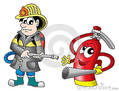 Fireman and fire extinguisher Cartoon Illustration