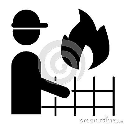 Fireman and fire solid icon. Firefighter with flame and fence vector illustration isolated on white. Fireman in helmet Vector Illustration