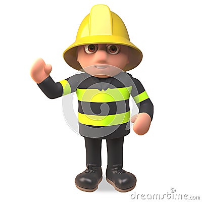 Fireman firefighter character in high visibility character waving hello, 3d illustration Cartoon Illustration