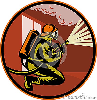 Fireman firefighter fighting fire Stock Photo