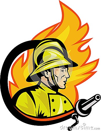 Fireman firefighter with fire hose Stock Photo