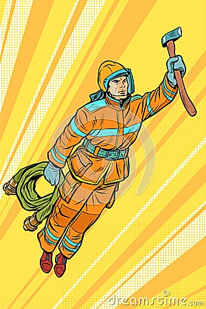 Fireman, firefighter flying superhero help Vector Illustration