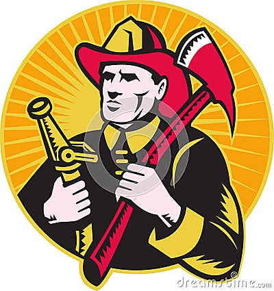 Fireman firefighter holding ax fire hose Stock Photo