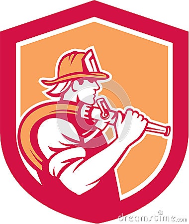 Fireman Firefighter Holding Fire Hose Shoulder Shield Vector Illustration