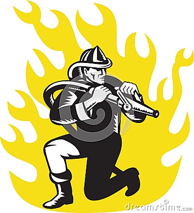 Fireman firefighter kneel aim fire hose Stock Photo