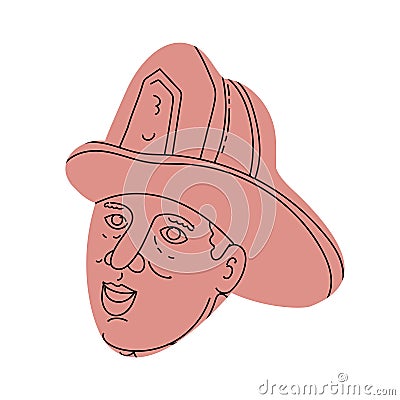 Fireman Firefighter Wearing Hat Mono Line Drawing Vector Illustration