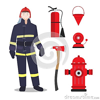 A fireman and his full professional equipment Vector Illustration