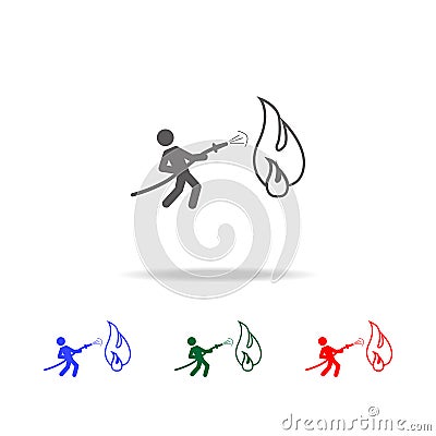 Fireman holding hose extinguishing fire with water icon. Elements of firefighter multi colored icons. Premium quality graphic desi Stock Photo