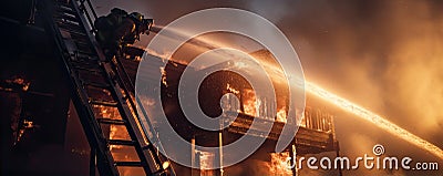 Fireman with hose in action. The house is on fire background Stock Photo
