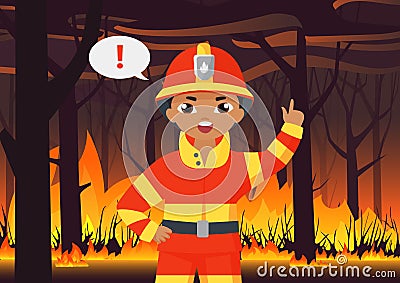 Fireman kid boy firefighter in protective uniform warning about wildfire disaster Vector Illustration