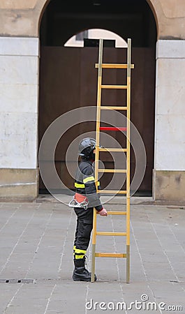 Fireman with wooden ladder Editorial Stock Photo