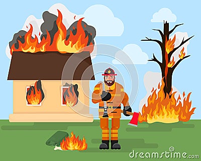 Fireman near burning house vector illustration. Rescuer firefighter with safety uniform, emergency equipment. Vector Illustration