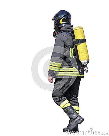 Fireman with oxygen tank to breathe during fire Stock Photo