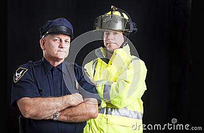 Fireman and Policeman with Copyspace Stock Photo