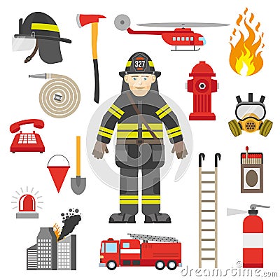 Fireman Professional Equipment Flat Icons Collection Vector Illustration