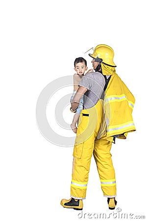 Fireman rescued child from the fire. Stock Photo