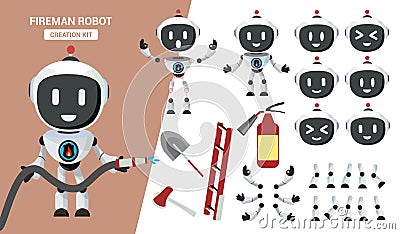 Fireman robot creation kit vector design. Robots fire fighter editable character parts. Vector Illustration