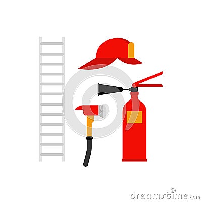Fireman set icon. Fire extinguisher and axe. ladder and firemans helmet. Vector Illustration