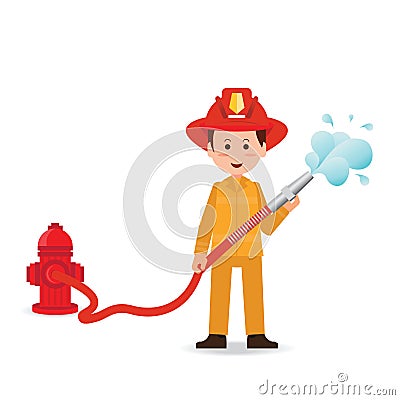 Fireman spraying a water hose on white background. Vector Illustration