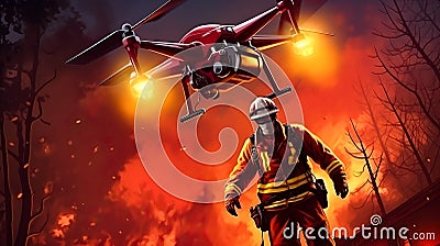 Fireman standing next to helicopter in front of blazing sky. Generative AI Stock Photo