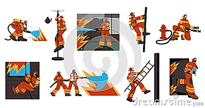 Fireman in uniform. Cartoon firefighter characters in different situations, emergency workers with rescue equipment Vector Illustration