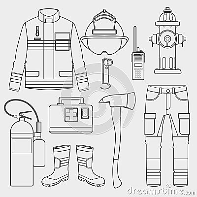 Fireman uniform and first help equipment set and instruments. Vector Illustration