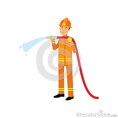 Fireman in uniform and protective helmet, holding hose extinguishing fire with water Vector Illustration