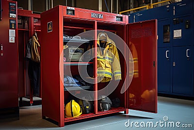 A firemans uniform is neatly stored in a red locker, ready to be donned at a moments notice, Locker in a fire station, housing Stock Photo