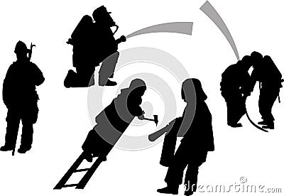 Firemen in action set. vector silhouettes Vector Illustration