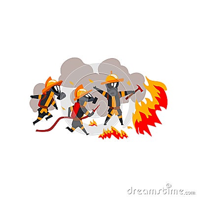 Firemen extinguishing fire with firefighting equipment, firefighter characters in uniform vector Illustration on a white Vector Illustration
