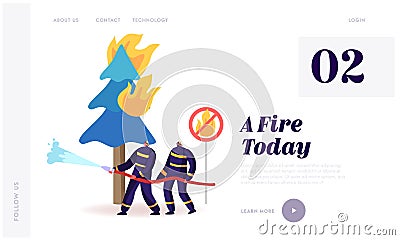 Firemen Fighting with Blaze at Burning Forest Website Landing Page. Brave Firefighters Team Extinguish with Big Fire Vector Illustration