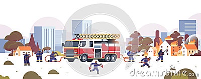 Firemen near fire truck getting ready to extinguishing fire firefighters in uniform and helmet firefighting emergency Vector Illustration