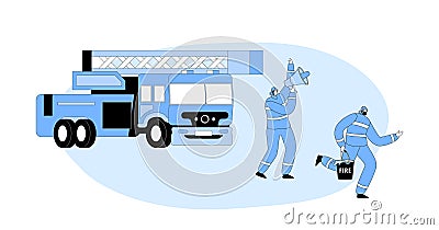 Firemen Team Fighting With Fire Fighter Bringing Water In Bucket And Using Truck. Firefighter Fighting With Blaze Vector Illustration